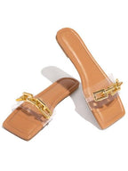 Purple Women's Slippers Summer Gold Chain Luxury Square Head Flat Heel Outdoor Beach Women Slides Sandals Leather Flat Sandals  Strap Slides With Chain Open Toe Summer Slippers Stevvex