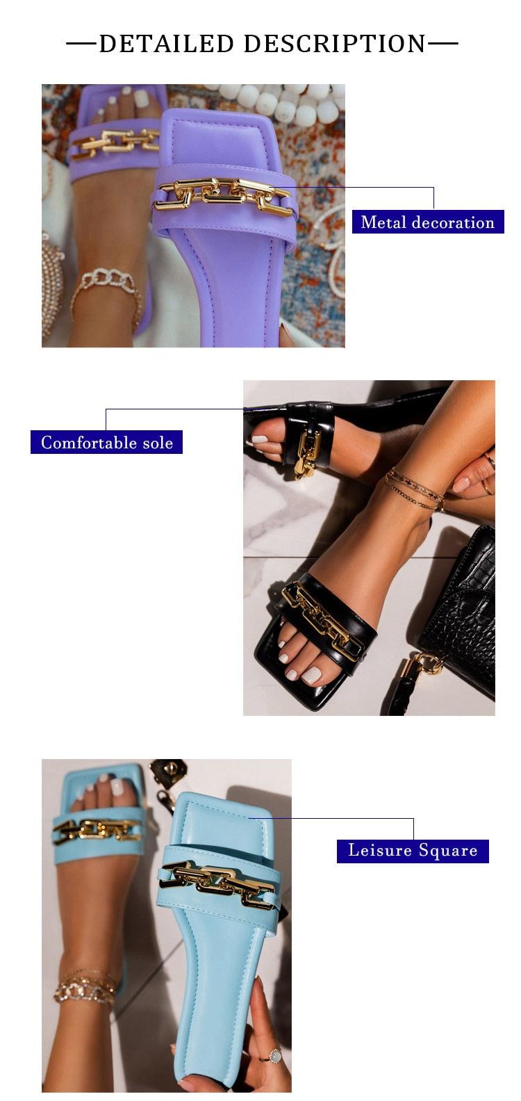 Purple Women's Slippers Summer Gold Chain Luxury Square Head Flat Heel Outdoor Beach Women Slides Sandals Leather Flat Sandals  Strap Slides With Chain Open Toe Summer Slippers Stevvex
