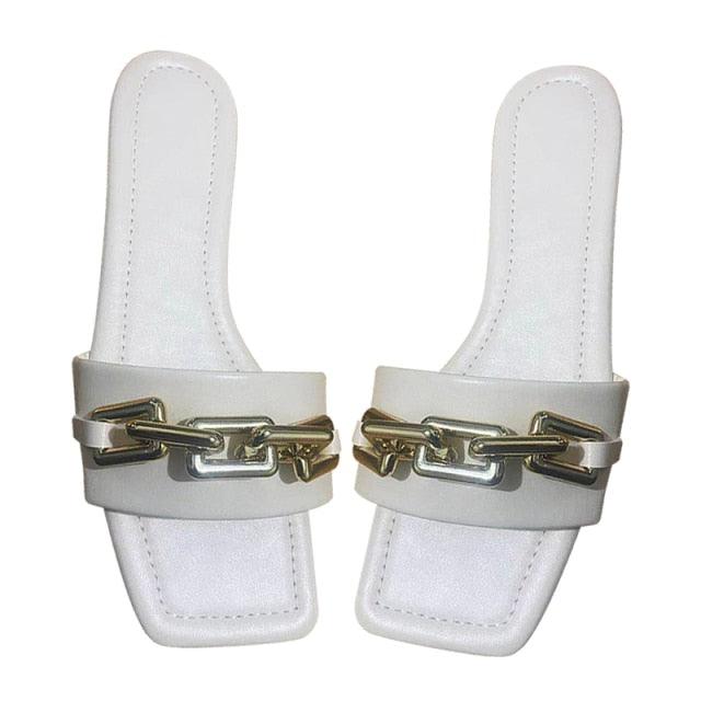 Purple Women's Slippers Summer Gold Chain Luxury Square Head Flat Heel Outdoor Beach Women Slides Sandals Leather Flat Sandals  Strap Slides With Chain Open Toe Summer Slippers Stevvex