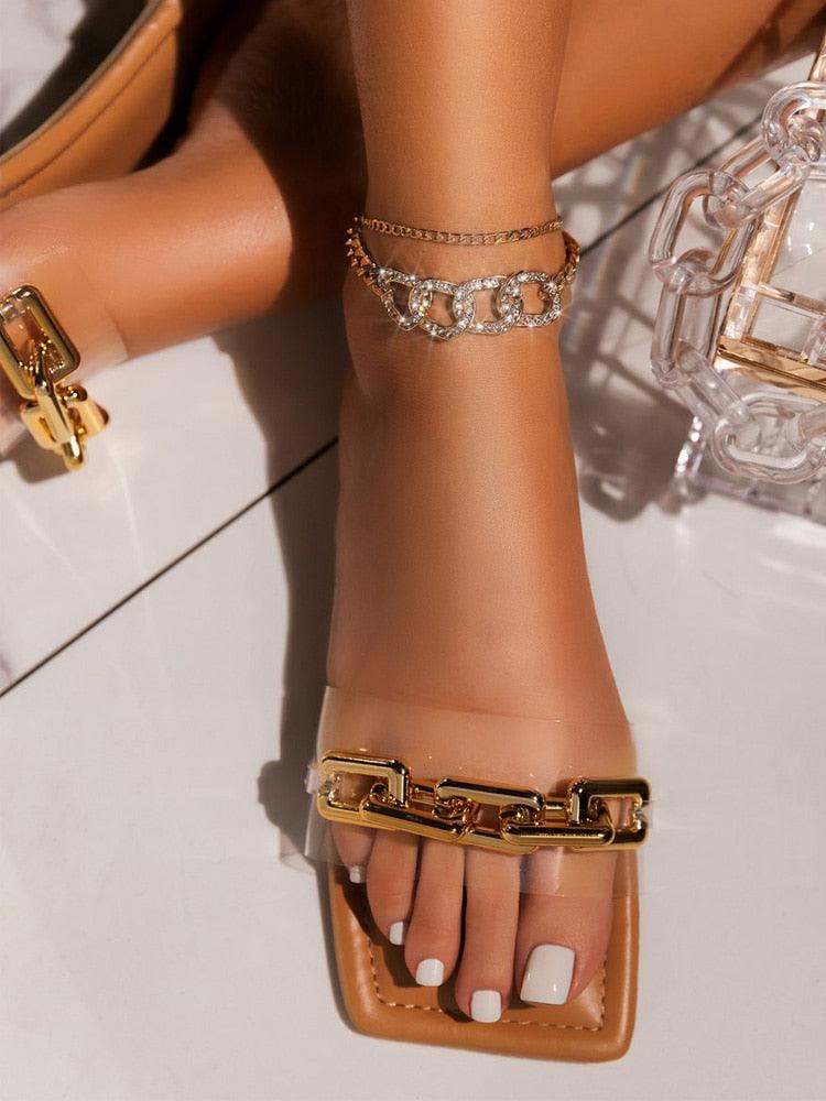 Purple Women's Slippers Summer Gold Chain Luxury Square Head Flat Heel Outdoor Beach Women Slides Sandals Leather Flat Sandals  Strap Slides With Chain Open Toe Summer Slippers Stevvex