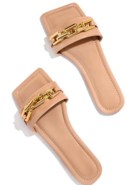Purple Women's Slippers Summer Gold Chain Luxury Square Head Flat Heel Outdoor Beach Women Slides Sandals Leather Flat Sandals  Strap Slides With Chain Open Toe Summer Slippers Stevvex