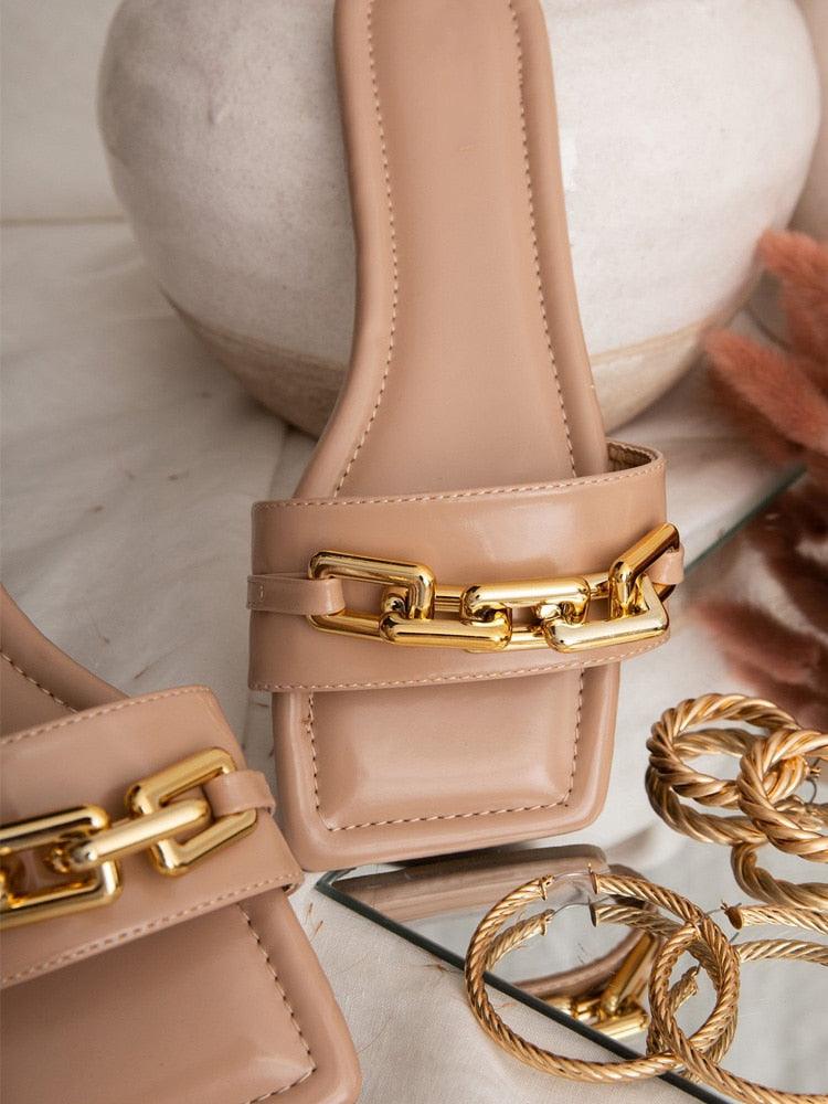 Purple Women's Slippers Summer Gold Chain Luxury Square Head Flat Heel Outdoor Beach Women Slides Sandals Leather Flat Sandals  Strap Slides With Chain Open Toe Summer Slippers Stevvex