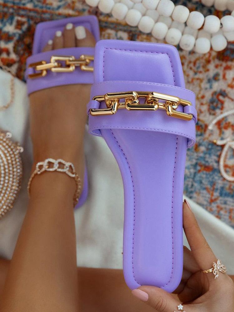Purple Women's Slippers Summer Gold Chain Luxury Square Head Flat Heel Outdoor Beach Women Slides Sandals Leather Flat Sandals  Strap Slides With Chain Open Toe Summer Slippers Stevvex