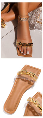 Purple Women's Slippers Summer Gold Chain Luxury Square Head Flat Heel Outdoor Beach Women Slides Sandals Leather Flat Sandals  Strap Slides With Chain Open Toe Summer Slippers Stevvex