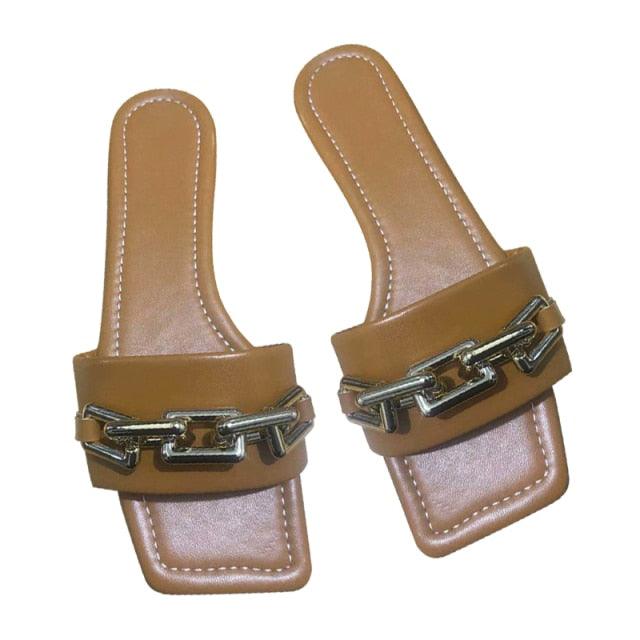 Purple Women's Slippers Summer Gold Chain Luxury Square Head Flat Heel Outdoor Beach Women Slides Sandals Leather Flat Sandals  Strap Slides With Chain Open Toe Summer Slippers Stevvex