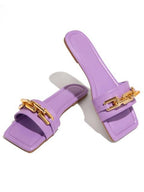 Purple Women's Slippers Summer Gold Chain Luxury Square Head Flat Heel Outdoor Beach Women Slides Sandals Leather Flat Sandals  Strap Slides With Chain Open Toe Summer Slippers Stevvex