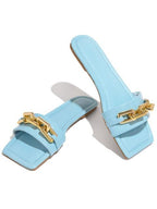 Purple Women's Slippers Summer Gold Chain Luxury Square Head Flat Heel Outdoor Beach Women Slides Sandals Leather Flat Sandals  Strap Slides With Chain Open Toe Summer Slippers Stevvex