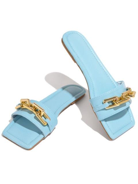 Purple Women's Slippers Summer Gold Chain Luxury Square Head Flat Heel Outdoor Beach Women Slides Sandals Leather Flat Sandals  Strap Slides With Chain Open Toe Summer Slippers Stevvex