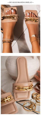 Purple Women's Slippers Summer Gold Chain Luxury Square Head Flat Heel Outdoor Beach Women Slides Sandals Leather Flat Sandals  Strap Slides With Chain Open Toe Summer Slippers Stevvex