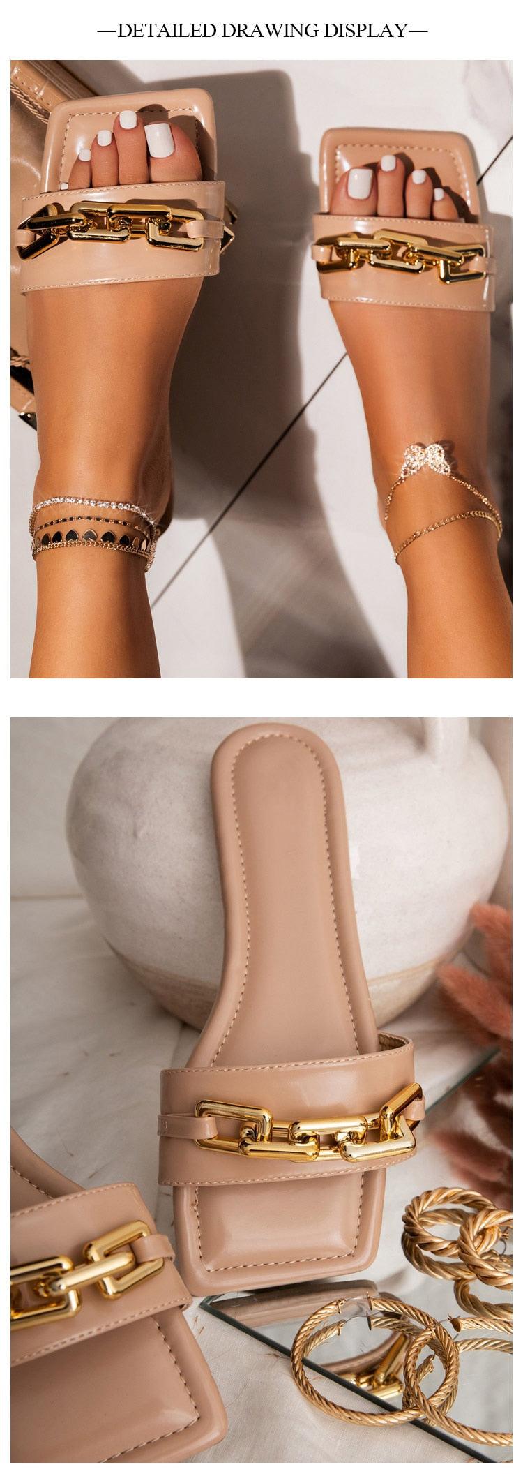 Purple Women's Slippers Summer Gold Chain Luxury Square Head Flat Heel Outdoor Beach Women Slides Sandals Leather Flat Sandals  Strap Slides With Chain Open Toe Summer Slippers Stevvex