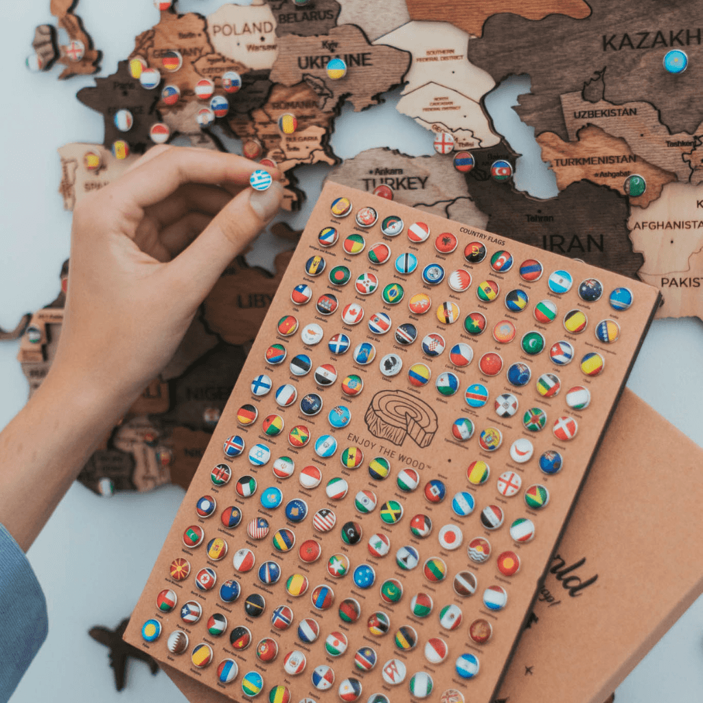 Wall Decor Bundle: 3D Wooden World Map with Flag Pins - SJB-DIAMOND ELITES