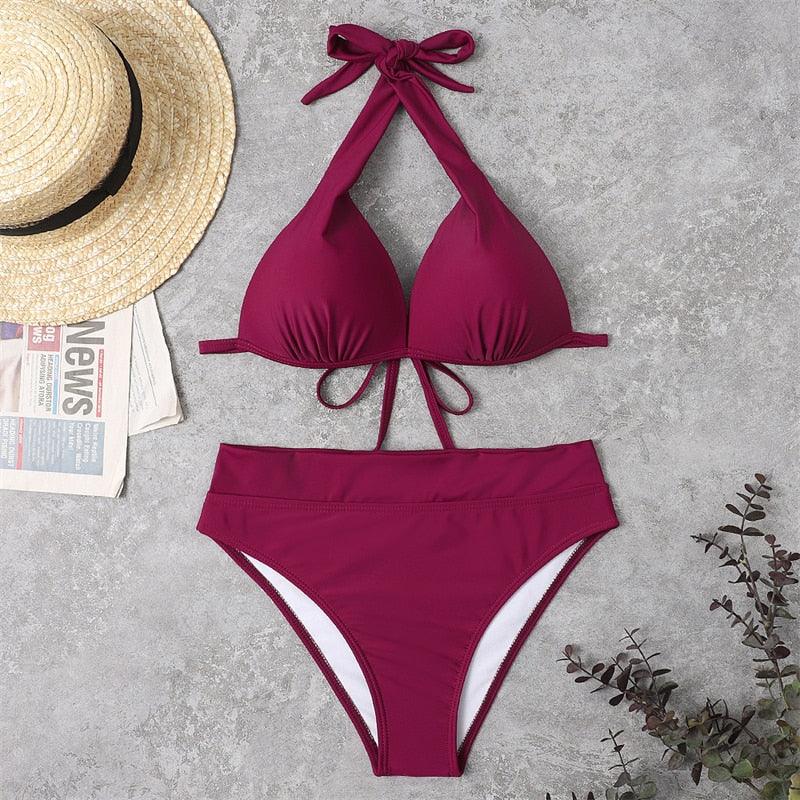 Push Up Bikini New Two Piece Swimsuit Women High Waist Black Pink Bikinis Set Women's Halter Padded Top Push Up Bikini Set Two Piece Swimsuits Bathing Suits Beachwear Swimwear Beachwear Bathing Suit Stevvex
