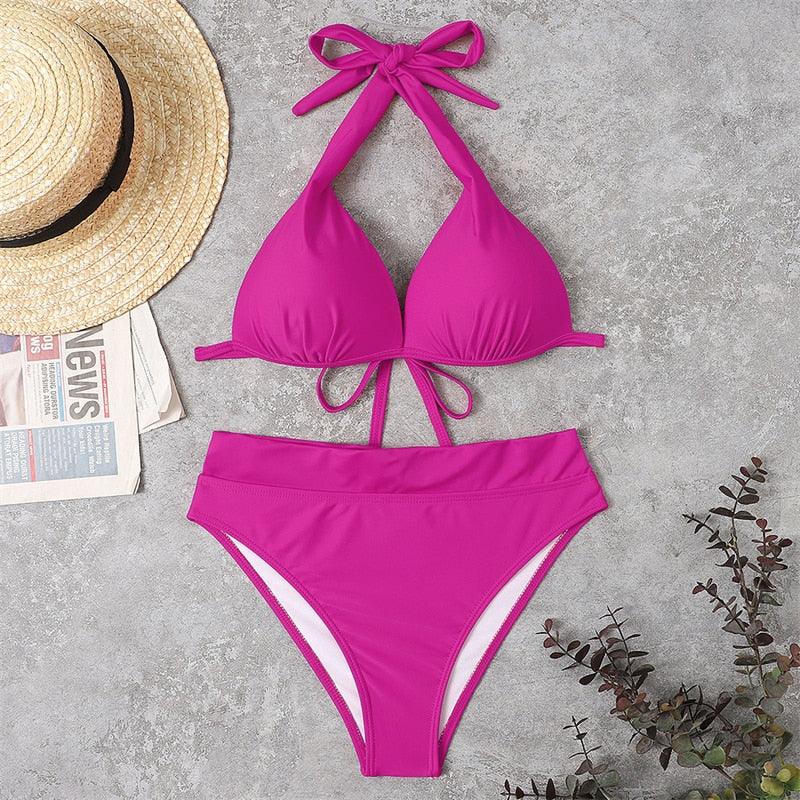 Push Up Bikini New Two Piece Swimsuit Women High Waist Black Pink Bikinis Set Women's Halter Padded Top Push Up Bikini Set Two Piece Swimsuits Bathing Suits Beachwear Swimwear Beachwear Bathing Suit Stevvex