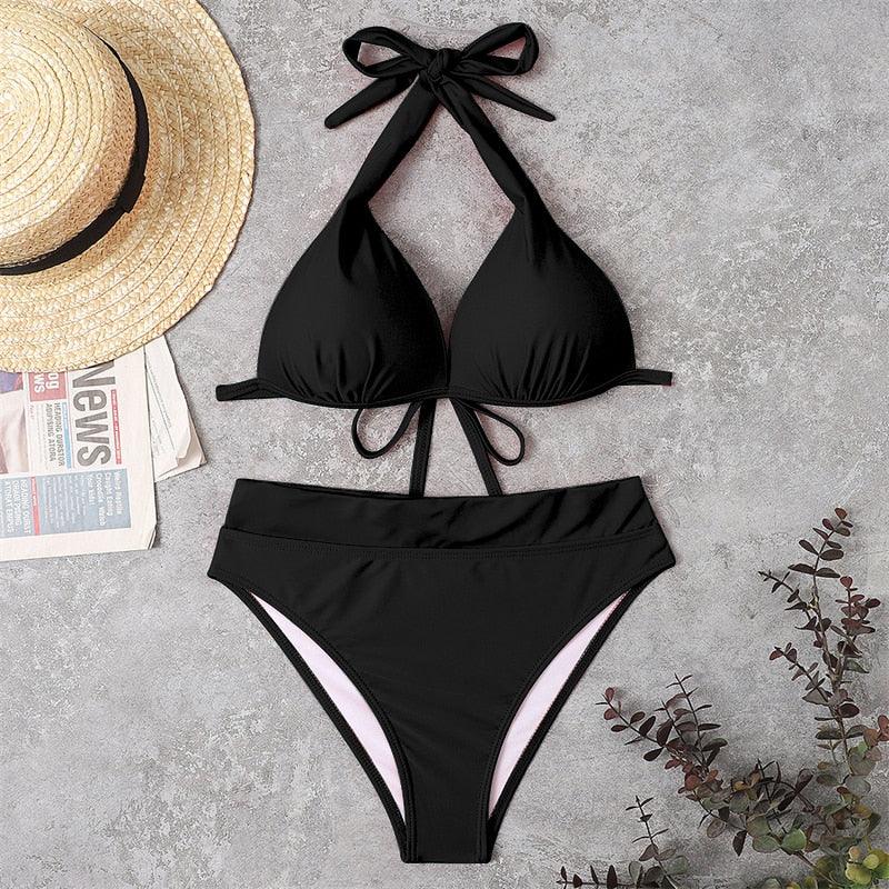 Push Up Bikini New Two Piece Swimsuit Women High Waist Black Pink Bikinis Set Women's Halter Padded Top Push Up Bikini Set Two Piece Swimsuits Bathing Suits Beachwear Swimwear Beachwear Bathing Suit Stevvex