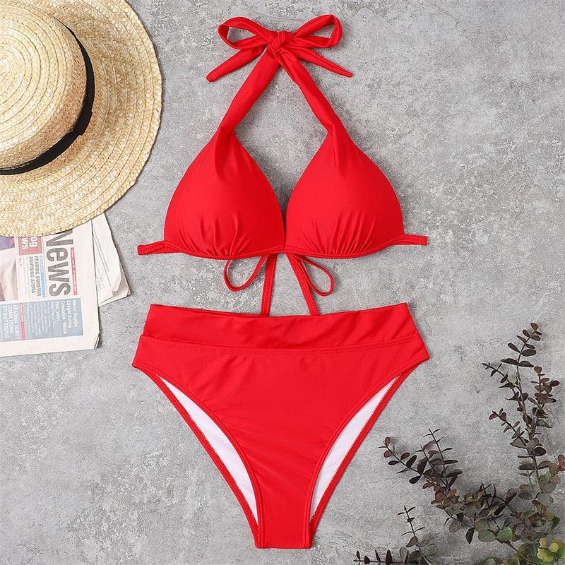 Push Up Bikini New Two Piece Swimsuit Women High Waist Black Pink Bikinis Set Women's Halter Padded Top Push Up Bikini Set Two Piece Swimsuits Bathing Suits Beachwear Swimwear Beachwear Bathing Suit Stevvex