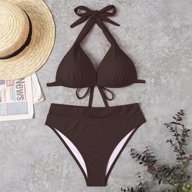 Push Up Bikini New Two Piece Swimsuit Women High Waist Black Pink Bikinis Set Women's Halter Padded Top Push Up Bikini Set Two Piece Swimsuits Bathing Suits Beachwear Swimwear Beachwear Bathing Suit Stevvex
