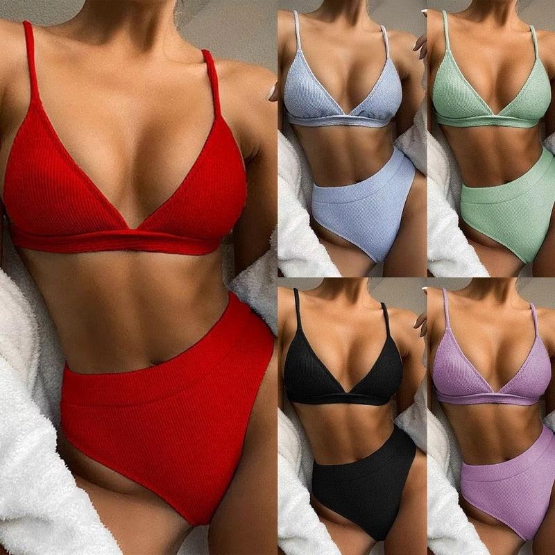 Push Up Bikini Set Swimsuits High Waist Swimwear Women Ribbed Bathing Suits Brazilian Bikinis Swimsuit for Women  Bottom Triangle Bikinis Top Bathing Suit Stevvex