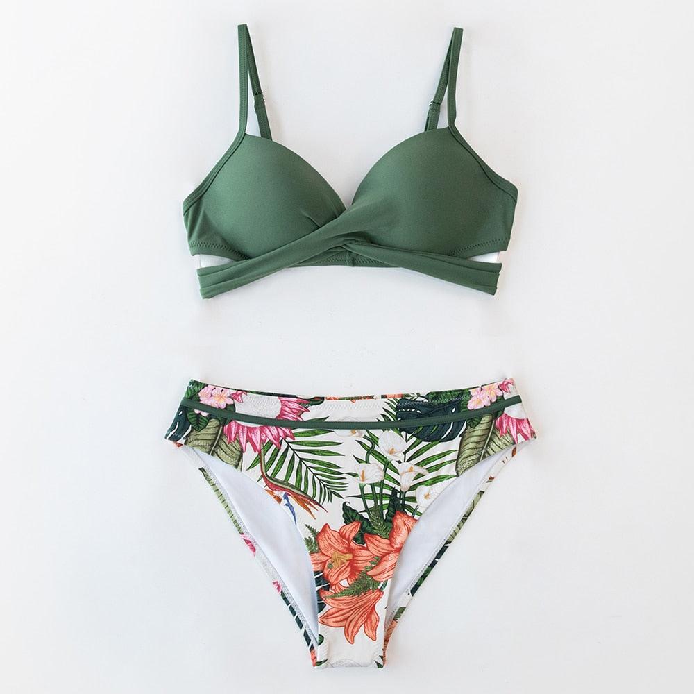 Push Up Floral Bikini Sets Women Two Pieces Swimsuits Women's Bathing Suits Push Up Halter Bandage Bikini Floral Printing Swim Bottoms Two Piece Swimsuits New Girl Beach Bathing Suits Swimwear Stevvex