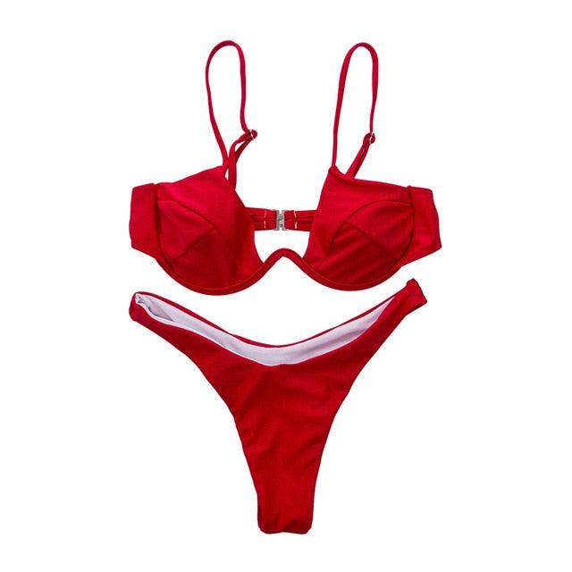 Push Up Unpadded Bikini Set Women 4 Colors Bandage Bikini Set Swimsuit Thong Bottom Swimwear Two Pieces Plain Bikini Bathing Suit Swimwear Bathing Stevvex