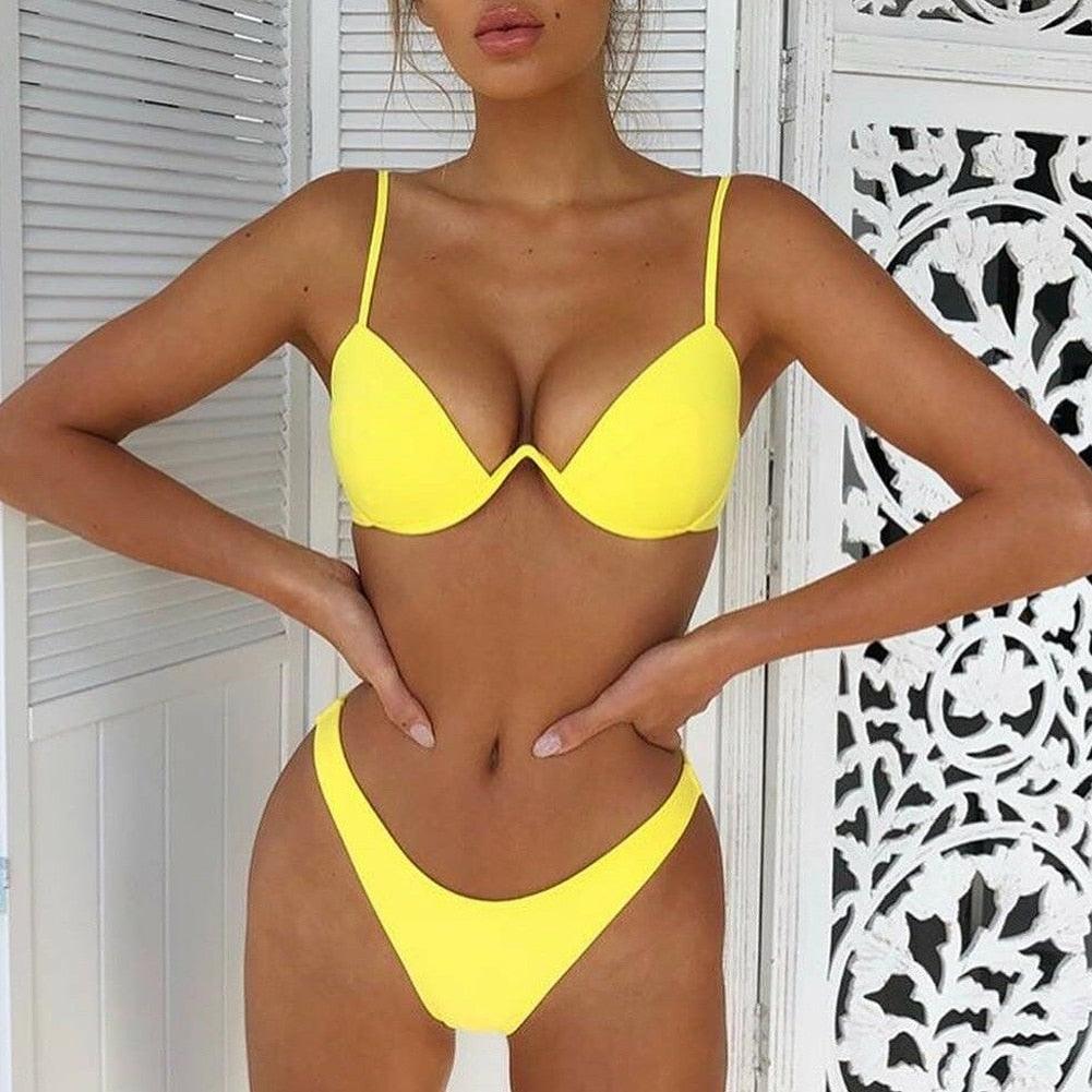 Push Up Unpadded Bikini Set Women 4 Colors Bandage Bikini Set Swimsuit Thong Bottom Swimwear Two Pieces Plain Bikini Bathing Suit Swimwear Bathing Stevvex