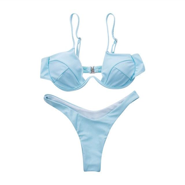 Push Up Unpadded Bikini Set Women 4 Colors Bandage Bikini Set Swimsuit Thong Bottom Swimwear Two Pieces Plain Bikini Bathing Suit Swimwear Bathing Stevvex