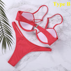 Push Up Unpadded Bikini Set Women 4 Colors Bandage Bikini Set Swimsuit Thong Bottom Swimwear Two Pieces Plain Bikini Bathing Suit Swimwear Bathing Stevvex