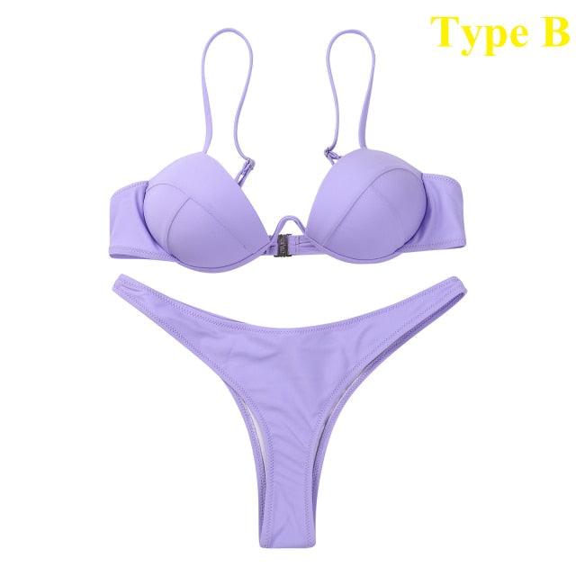 Push Up Unpadded Bikini Set Women 4 Colors Bandage Bikini Set Swimsuit Thong Bottom Swimwear Two Pieces Plain Bikini Bathing Suit Swimwear Bathing Stevvex