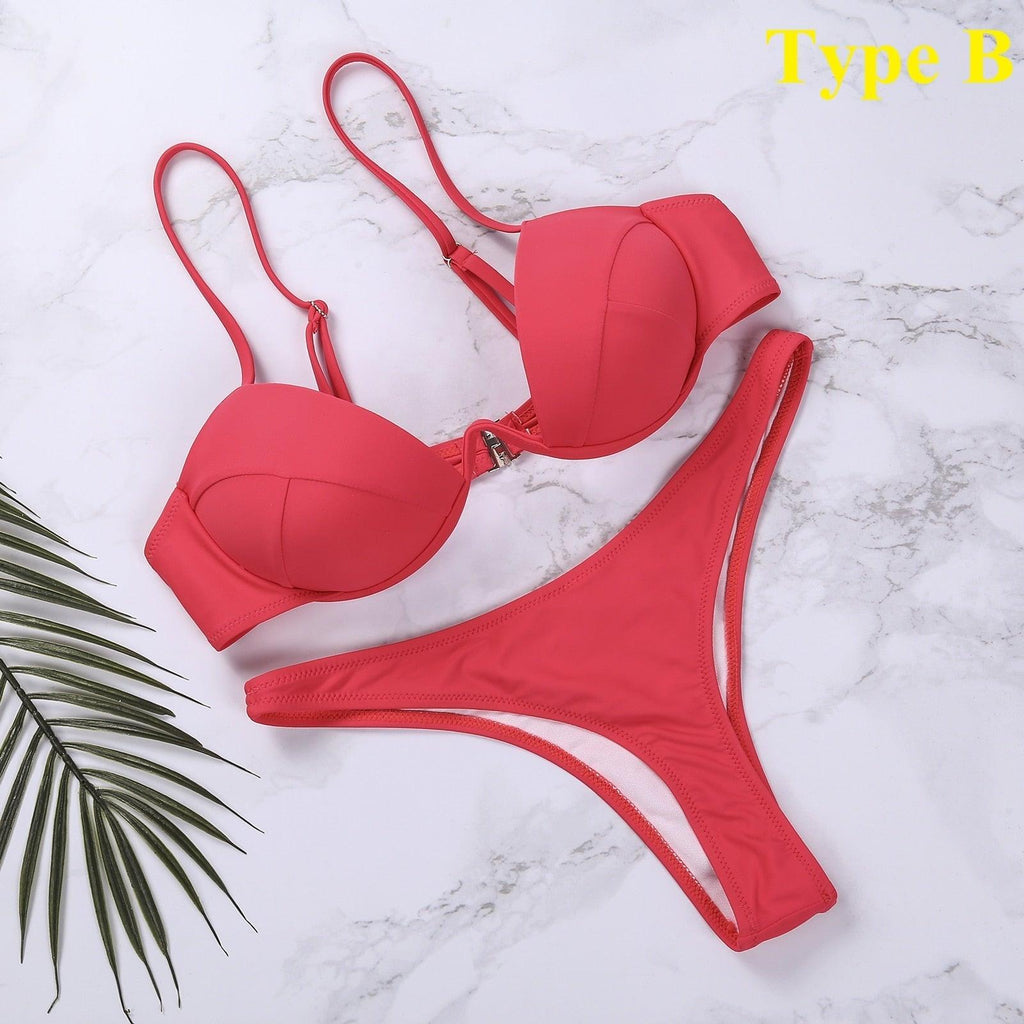 Push Up Unpadded Bikini Set Women 4 Colors Bandage Bikini Set Swimsuit Thong Bottom Swimwear Two Pieces Plain Bikini Bathing Suit Swimwear Bathing Stevvex
