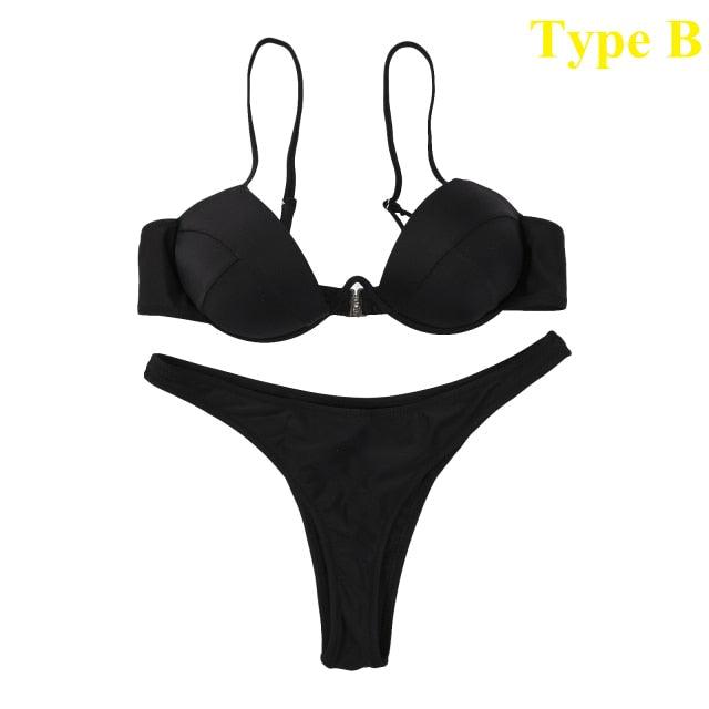 Push Up Unpadded Bikini Set Women 4 Colors Bandage Bikini Set Swimsuit Thong Bottom Swimwear Two Pieces Plain Bikini Bathing Suit Swimwear Bathing Stevvex