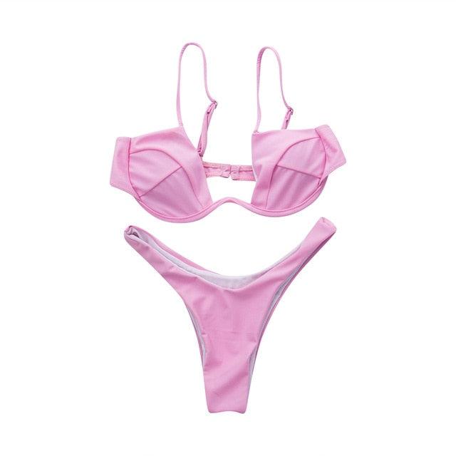 Push Up Unpadded Bikini Set Women 4 Colors Bandage Bikini Set Swimsuit Thong Bottom Swimwear Two Pieces Plain Bikini Bathing Suit Swimwear Bathing Stevvex
