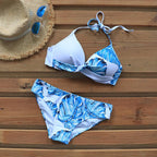 Push Up Women Bikinis Swimwear  Women's Bathing Suits Push Up Halter Bandage Bikini Floral Printing Swim Bottoms Two Piece Swimsuits Women Swimsuits Bathing Suit Halter  Leaf Print Beach Wear Plus Size