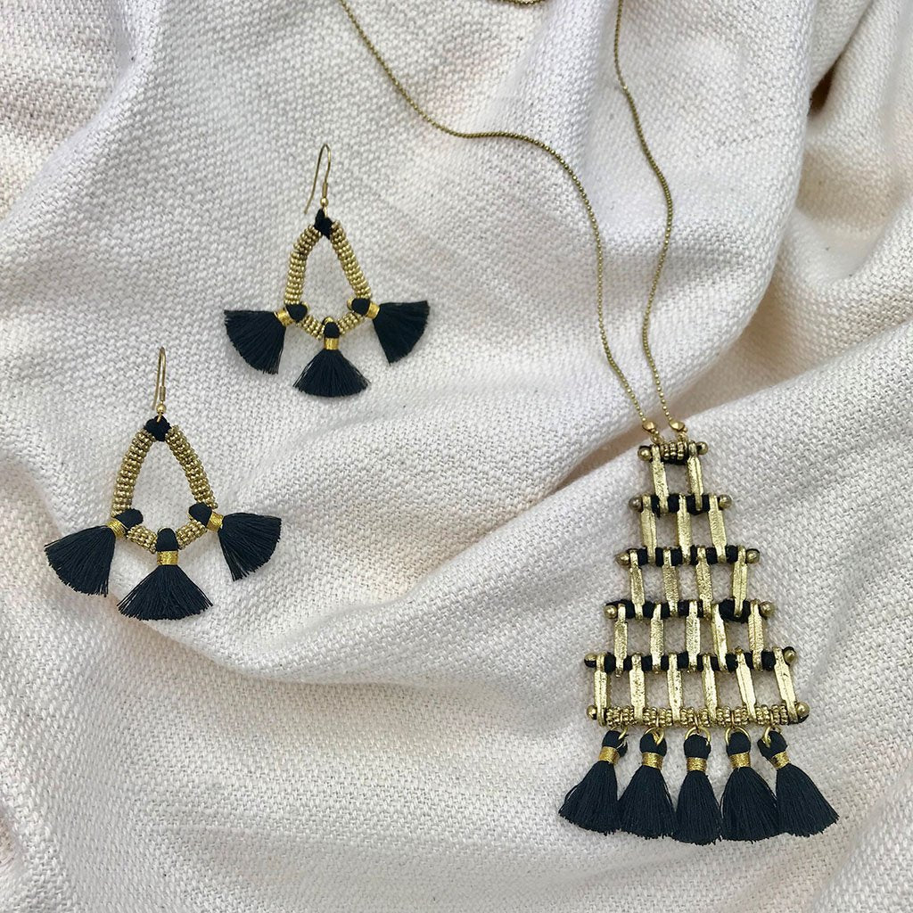 Pyramid Necklace Long Pendant With Cotton Tassel Zinc Alloy Boho Layered Chain BandsCo Straps