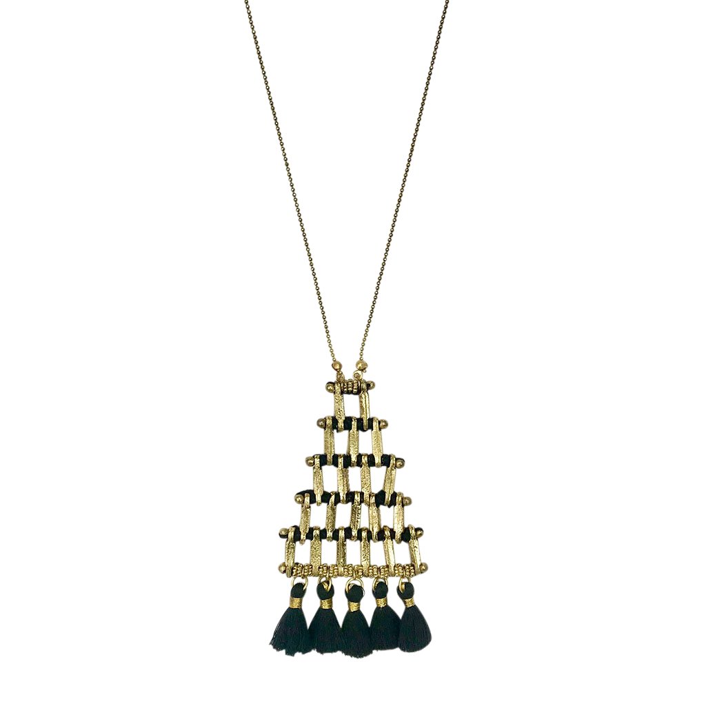 Pyramid Necklace Long Pendant With Cotton Tassel Zinc Alloy Boho Layered Chain BandsCo Straps