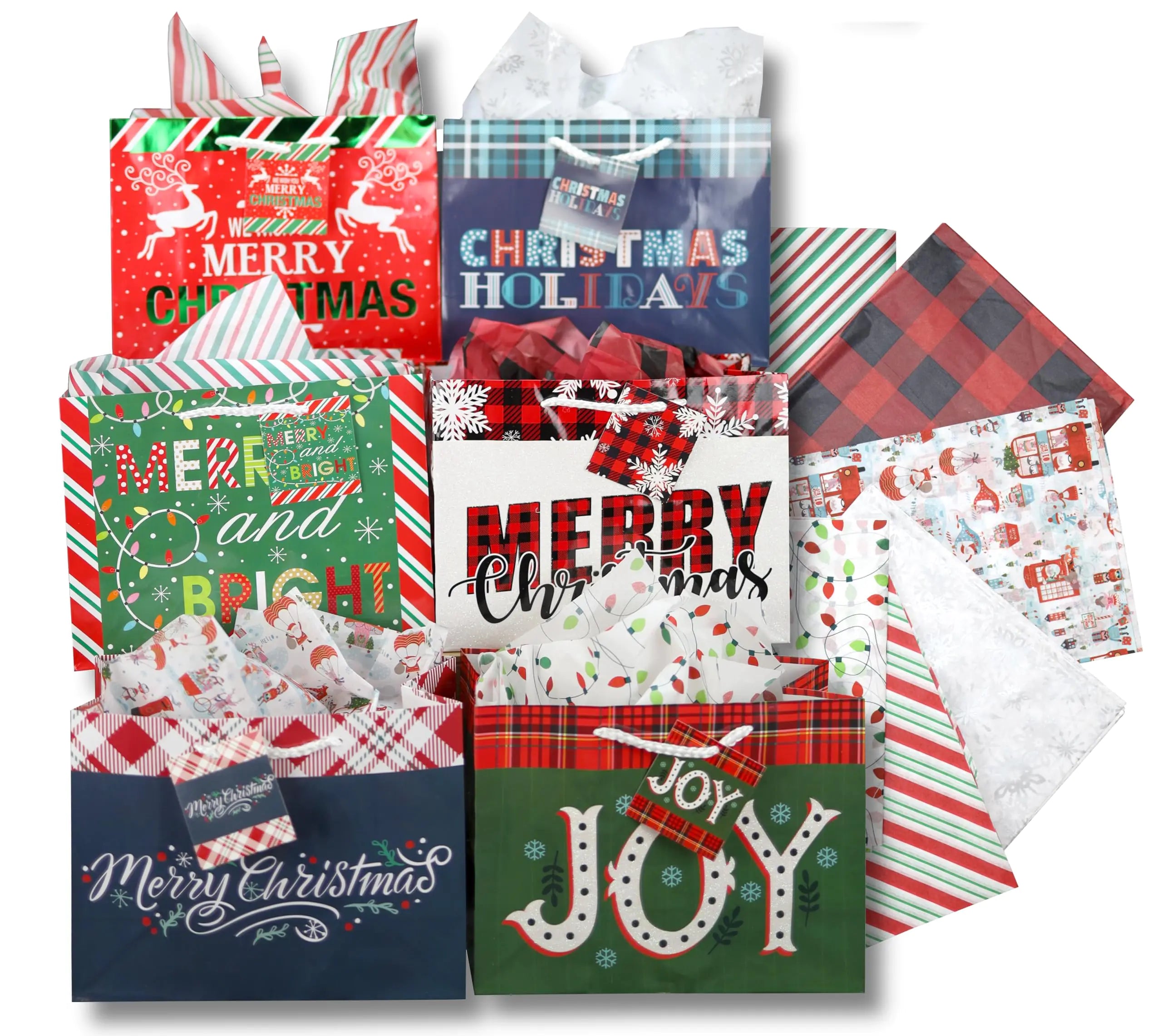 Iconikal Medium Gift Bags With Tissue Paper for Christmas 24-Pack Fun Bright Designs Merry Christmas Joy Holidays Pi-Mart