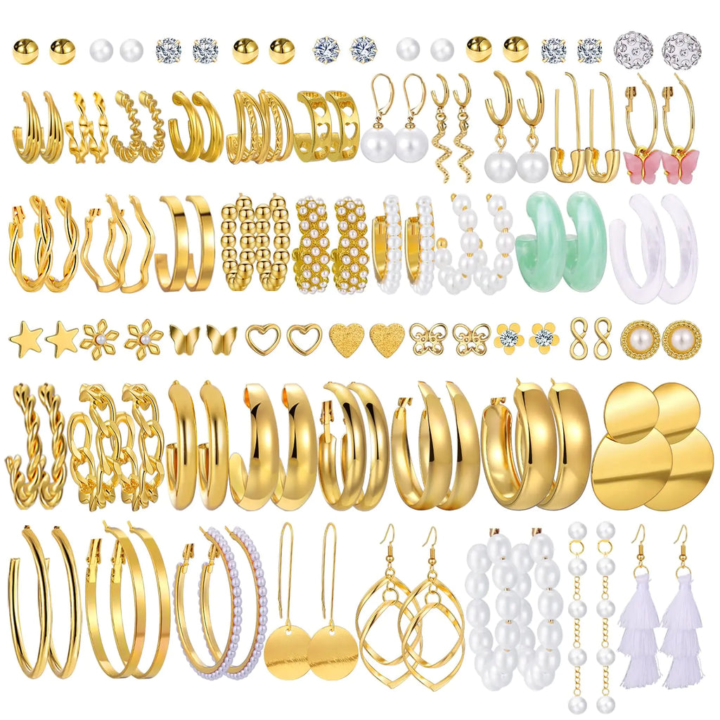 42 Pairs Gold Hoop Earrings Set for Women, Fashion Chunky Pearl Earrings Multipack Twisted Statement Earring Pack, Hypoallergenic Small Big Hoops Earrings for Birthday Party (Gold-54 pairs) Gold-54 pairs Pi-Mart
