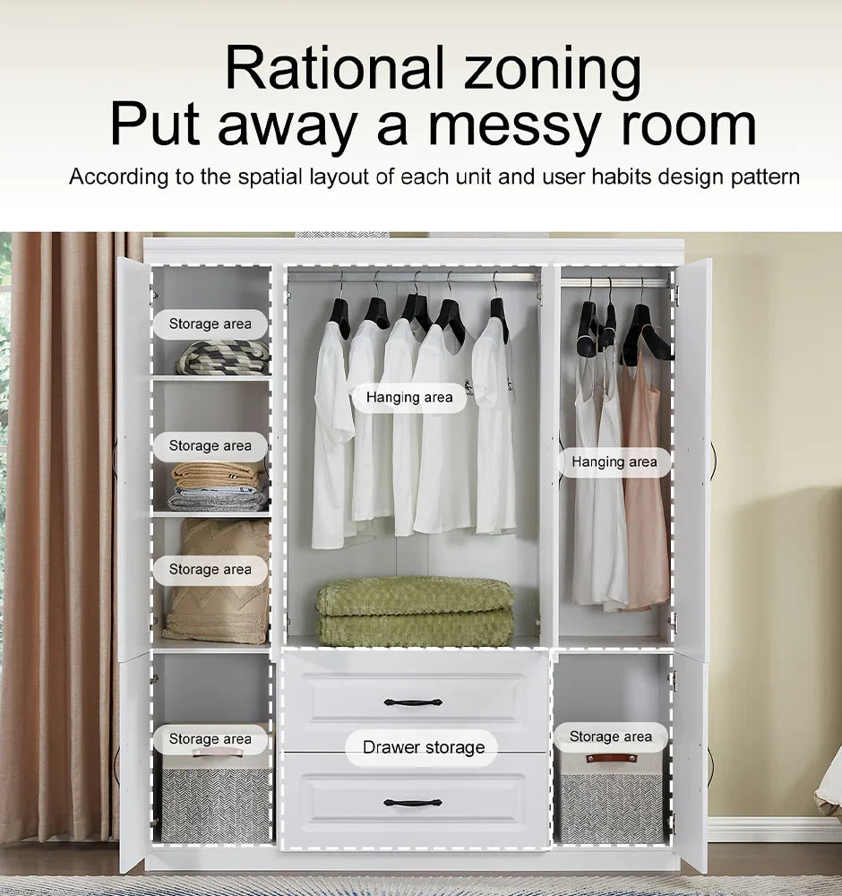 YG-15 74" H White Solid Wood Freestanding Wardrobe Closet for Clothes Storage. Bedroom Wardrobe Storage Cabinet featuring 2 Hanging Rod Shelves, 2 Drawers, and 5 Storage Compartments Pi-Mart