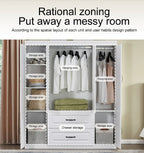 YG-15 74" H White Solid Wood Freestanding Wardrobe Closet for Clothes Storage. Bedroom Wardrobe Storage Cabinet featuring 2 Hanging Rod Shelves, 2 Drawers, and 5 Storage Compartments Pi-Mart