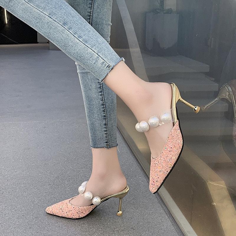 Queen Fashion PU Sandals Knit Women Transparent Sandals Pointed Toe High Heels Party Cross Women High Heel Sandals Transparent Pointed Toe Luxury Dress Outdoor Sandals Stevvex