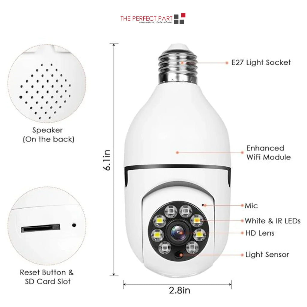 360° 1080P IP E27 Light Bulb Camera Wi-Fi IR Night Smart Home Wireless Security Pi-Mart