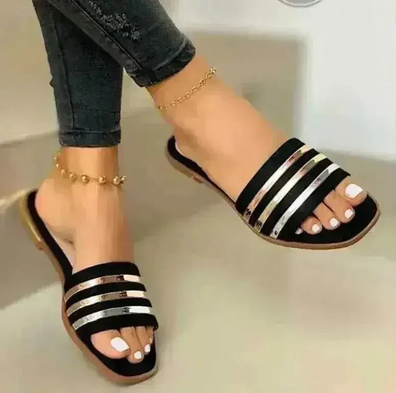 Fashion Slippers for Women Summer Slip On PU Ladies Flat Shoes Casual