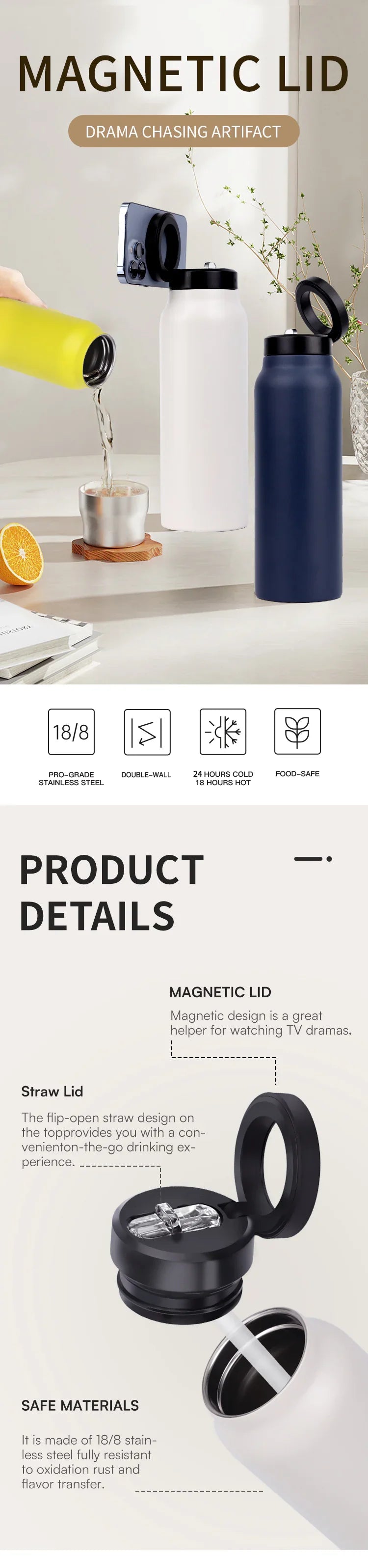 Stainless Steel Water Bottle With Lid Magnetic Pi-Mart