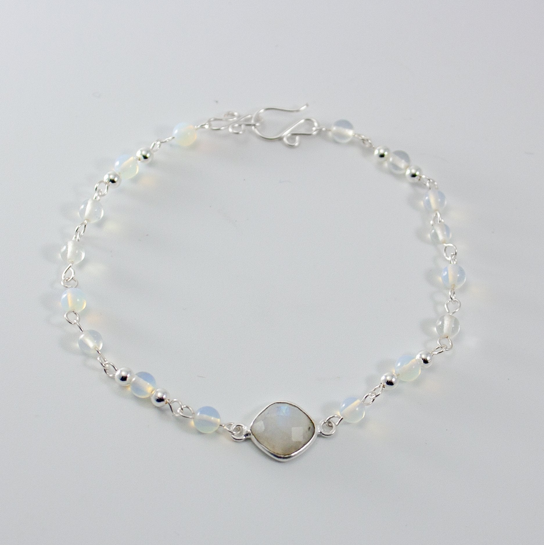Rainbow Moonstone Opalite Beaded Bracelet Sterling Chain
