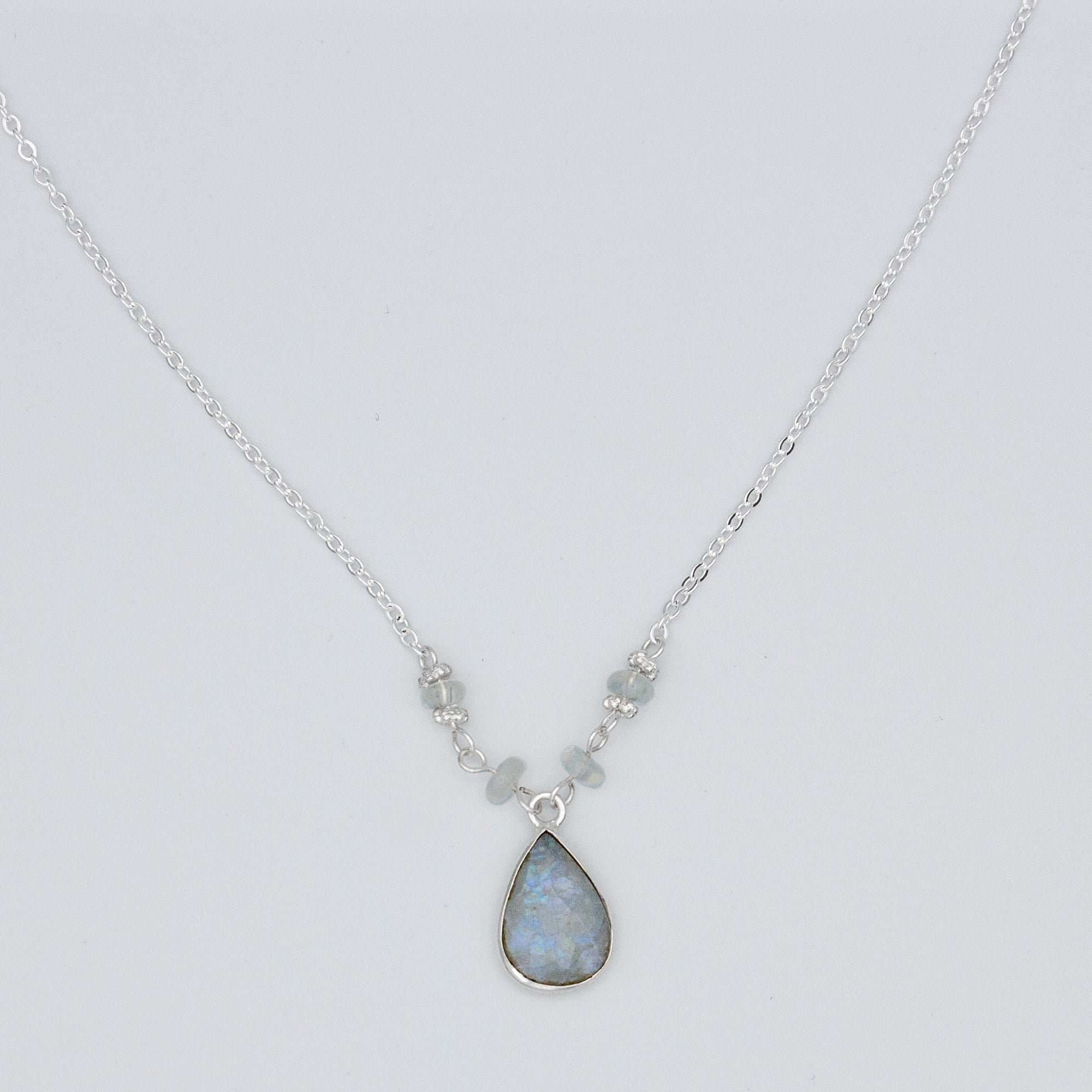 Rainbow Moonstone Pendant Necklace Delicate Sterling Silver