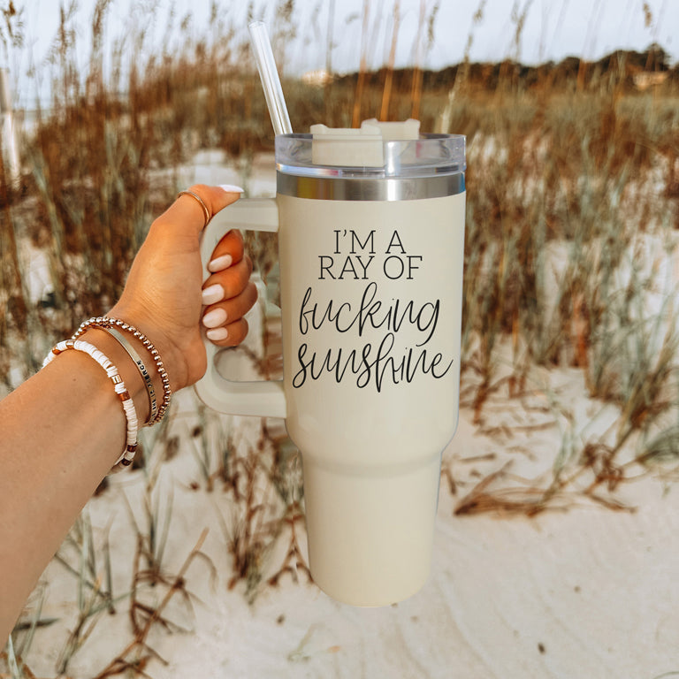 Ray Of Sunshine 40oz Insulated Tumbler With Handle Lid Straw Travel Mug BandsCo Straps