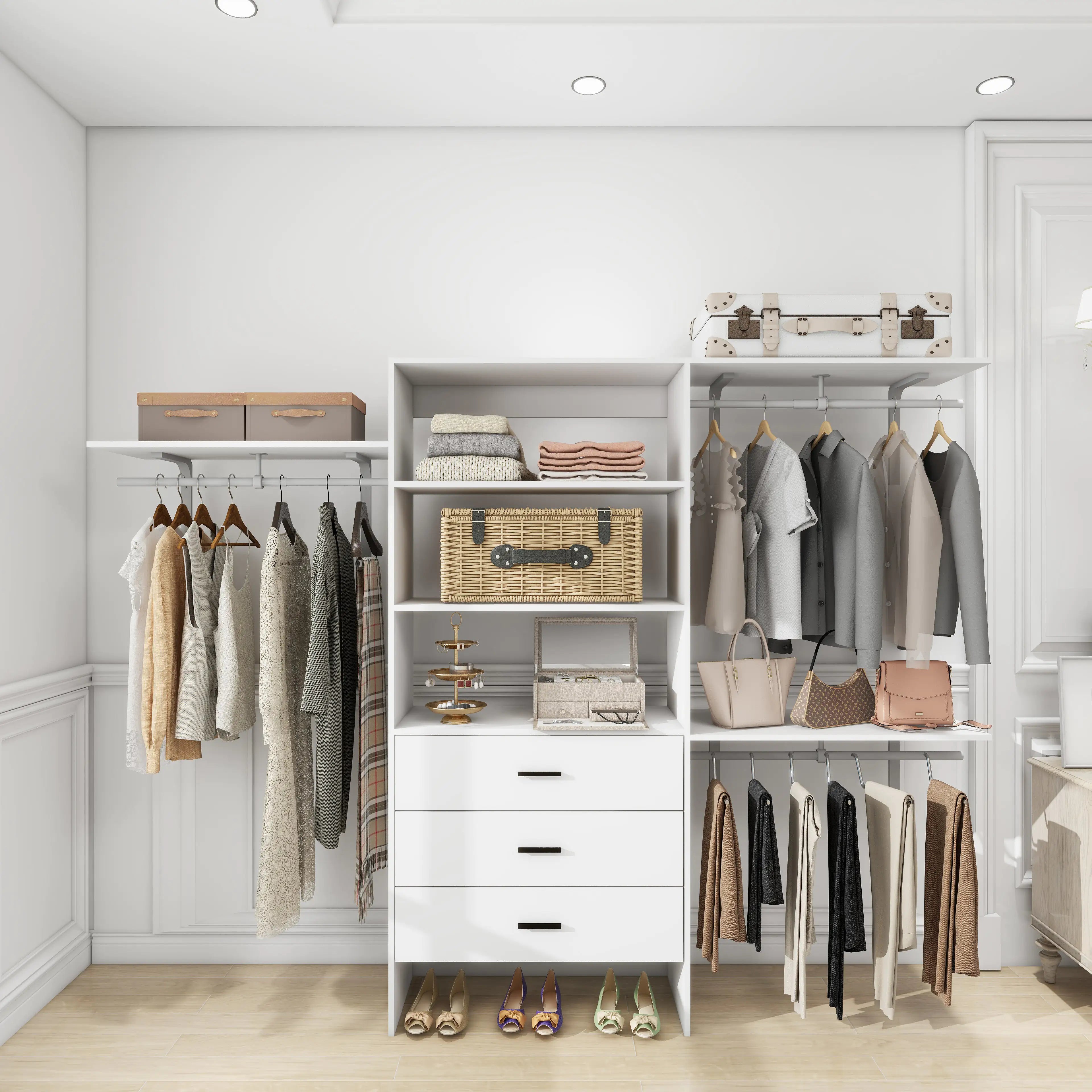 306 Closet Organizer System with Closet Shelves Wall Mounted, White Clothing Racks for Hanging Clothes, Clothes Organizer with Closet Drawers, Wooden Wardrobe Closet System with Hanging Rod Pi-Mart