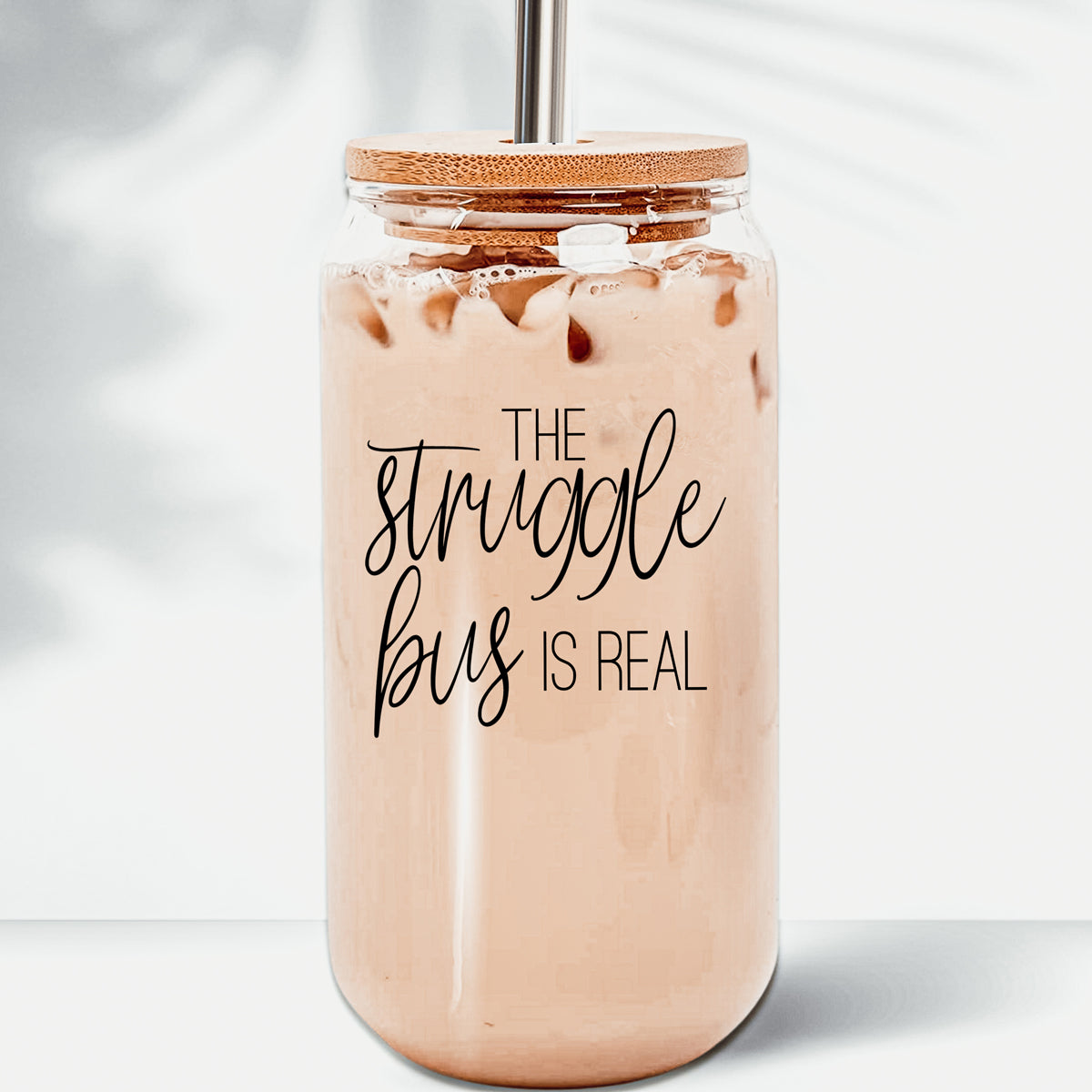 Struggle Bus 17oz Glass Tumbler Bamboo Lid 2 SS Straws and Cleaner Brush BandsCo Straps