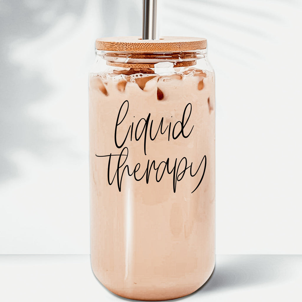 Liquid Therapy 17oz Glass Tumbler With Bamboo Lid, 2 Stainless Straws And Straw Cleaner BandsCo Straps