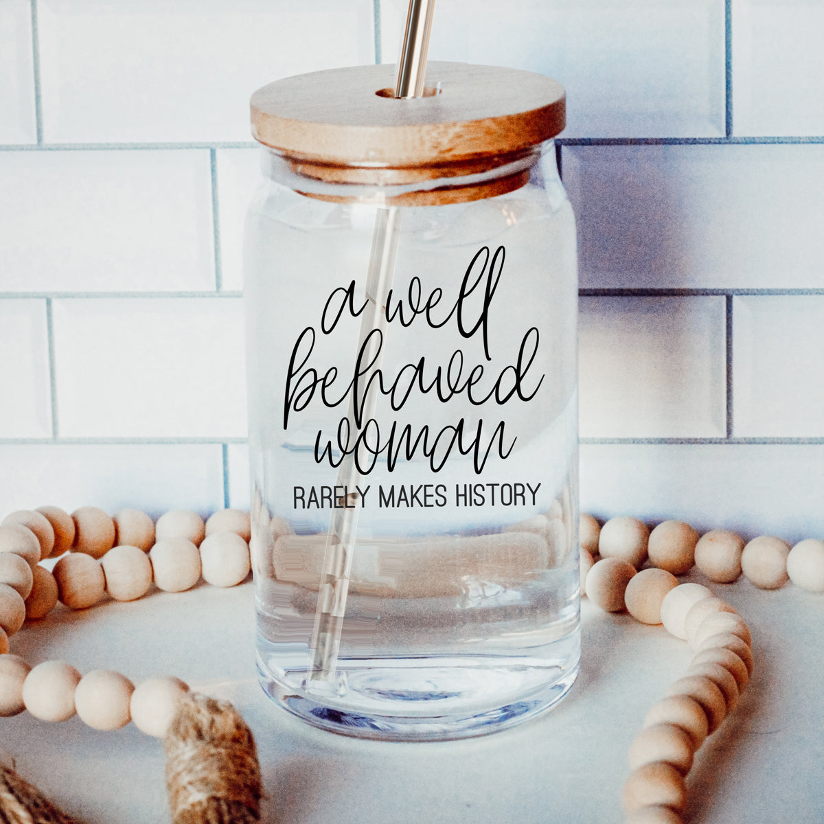 Well Behaved 17oz Glass Tumbler With Bamboo Lid, Stainless Straws and Cleaner BandsCo Straps