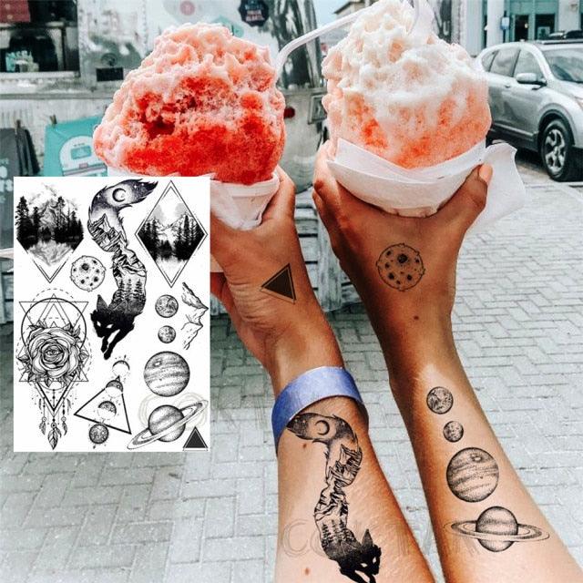 Realistic Black Temporary Small Big Tattoos Space Planets Animals Tatoos Waterproof  Face Hands Tattoos For Girls Mens Stevvex