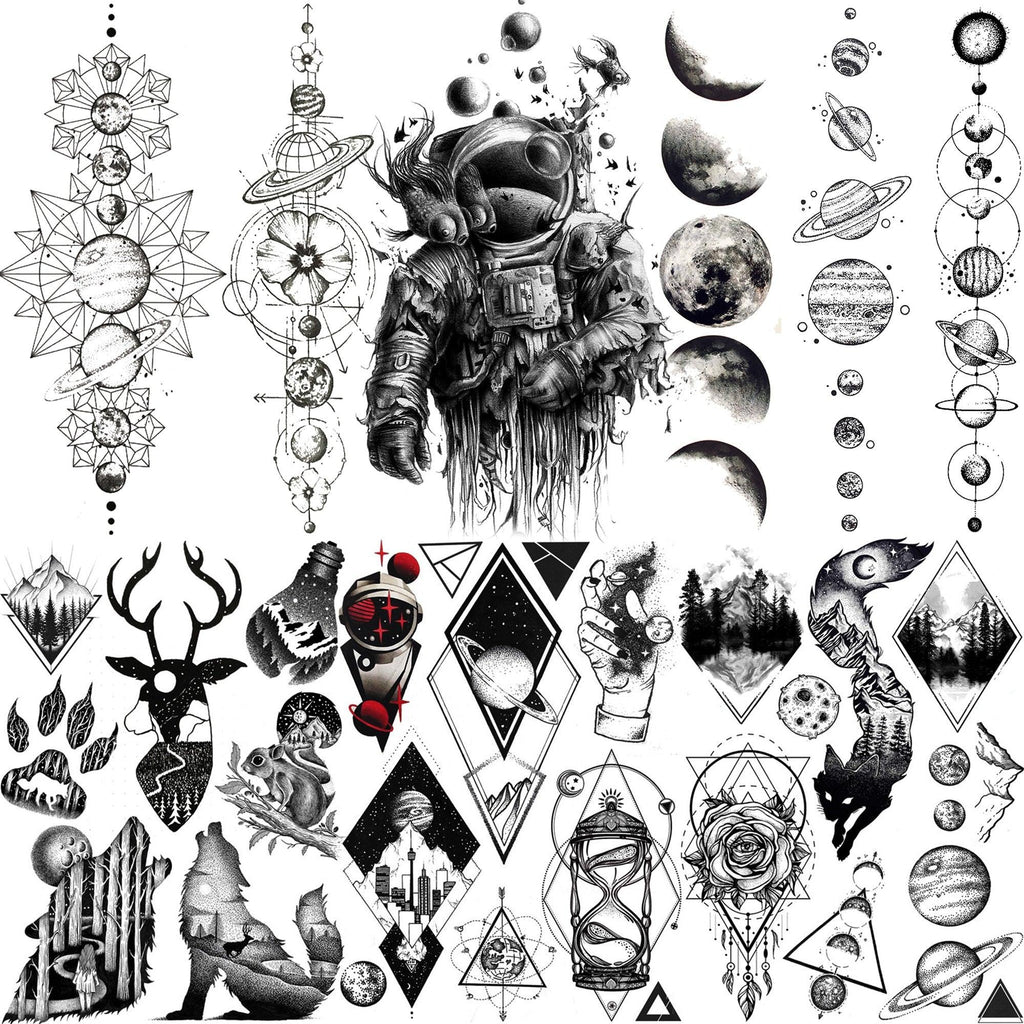 Realistic Black Temporary Small Big Tattoos Space Planets Animals Tatoos Waterproof  Face Hands Tattoos For Girls Mens Stevvex